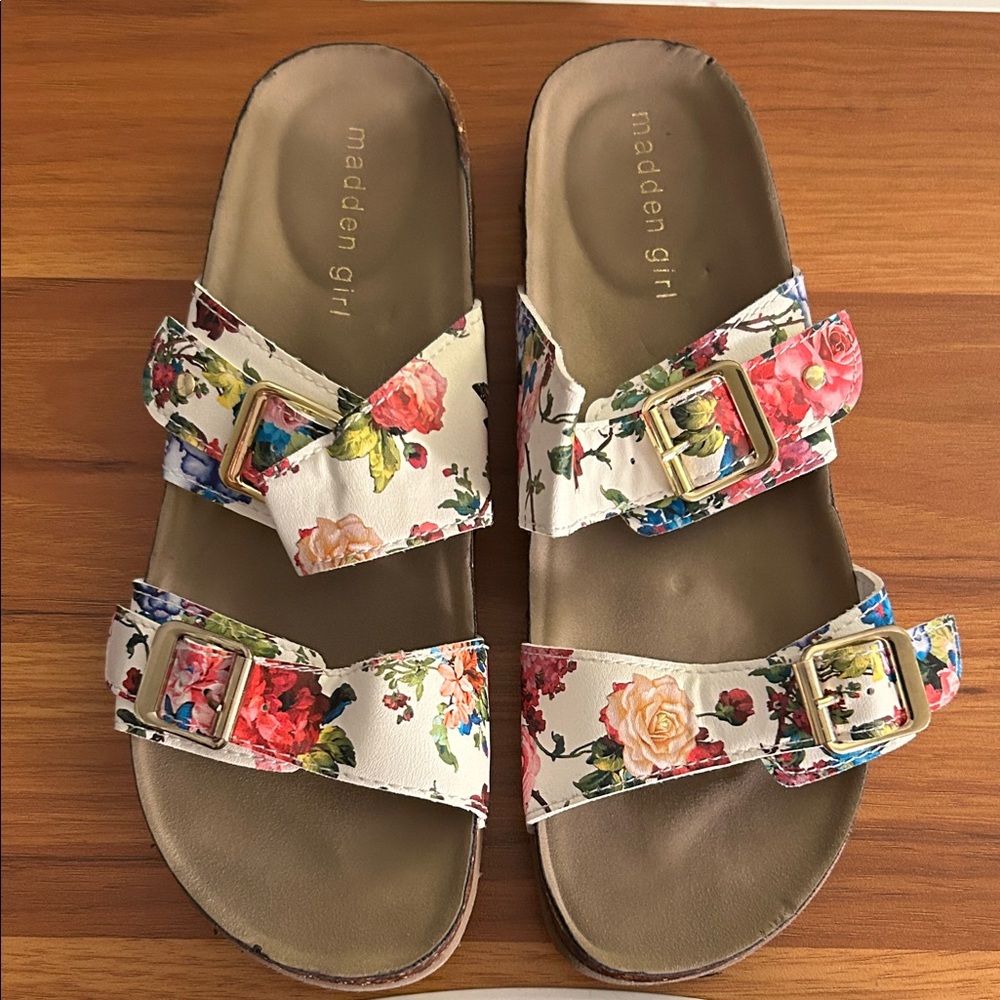 Madden Girl Floral Slide Sandals with Gold Buckles